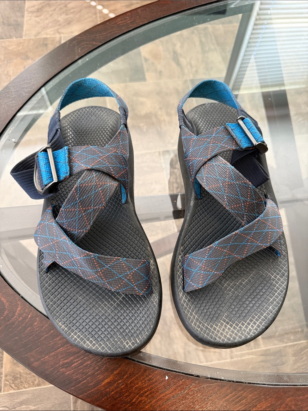 Chaco Men's Black Footbed Sandals with Blue Patterned Straps